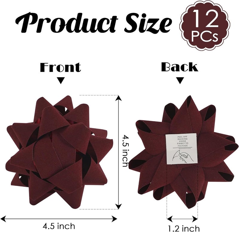 LiBongTa 4.5'' Dark Red Velvet Ribbon Gift Bow, Premade Bow for Gift Wrapping Self Adhesive, Red Bows Christmas Decorations, Wrapping Bows for Presents, Party Favor, Holiday, Wedding, Birthday-12 PCs - Image 2